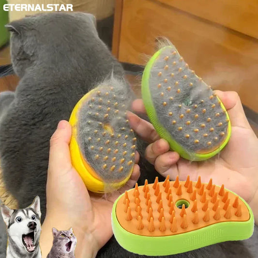 Electric Steam Brush – 3-in-1 Cat Grooming Tool for Shedding, Massage, and Gentle Fur Care with Built-in Sprayer.