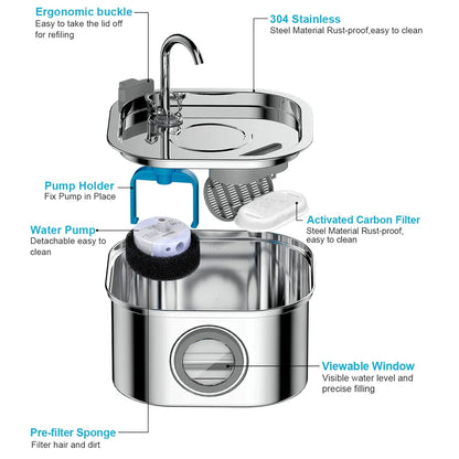 Wireless Stainless Steel Automatic Cat Water Fountain by Autofeder™ – Rechargeable, Silent, with Circulating Filtration