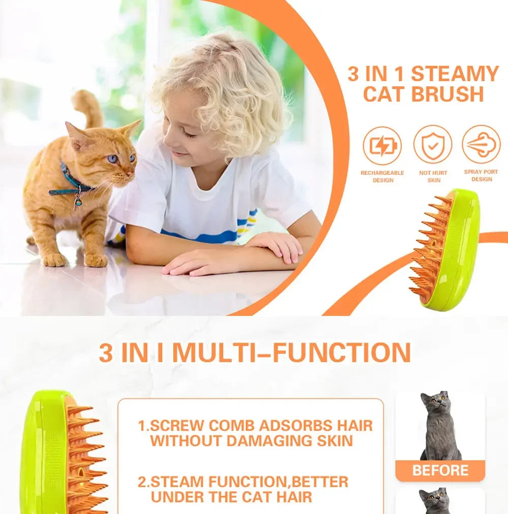 Electric Steam Brush – 3-in-1 Cat Grooming Tool for Shedding, Massage, and Gentle Fur Care with Built-in Sprayer.