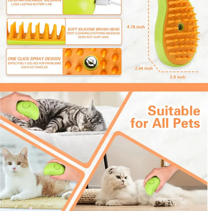 Electric Steam Brush – 3-in-1 Cat Grooming Tool for Shedding, Massage, and Gentle Fur Care with Built-in Sprayer.